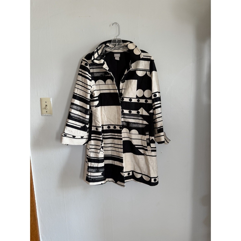 Chicos Linen Blend Lagenlook Topper Jacket. Geometric Black White Print Classic - Picture 1 of 12
